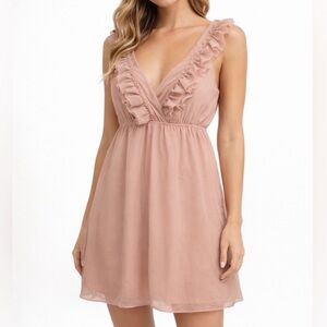 YA Los Angeles Chiffon Mini Dress Peachish Ruffled Lined V-Neck Womens Sz M